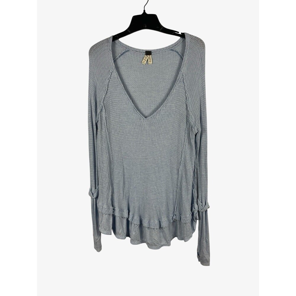 Free People We The Free Laguna Thermal Top XS Dusty Blue Oversized Waffle Knit